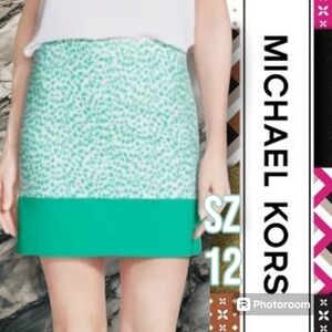 MICHAEL KORS NWOT Animal Print Colorblock Mini Skirt White & Aqua Sz 12 Lg